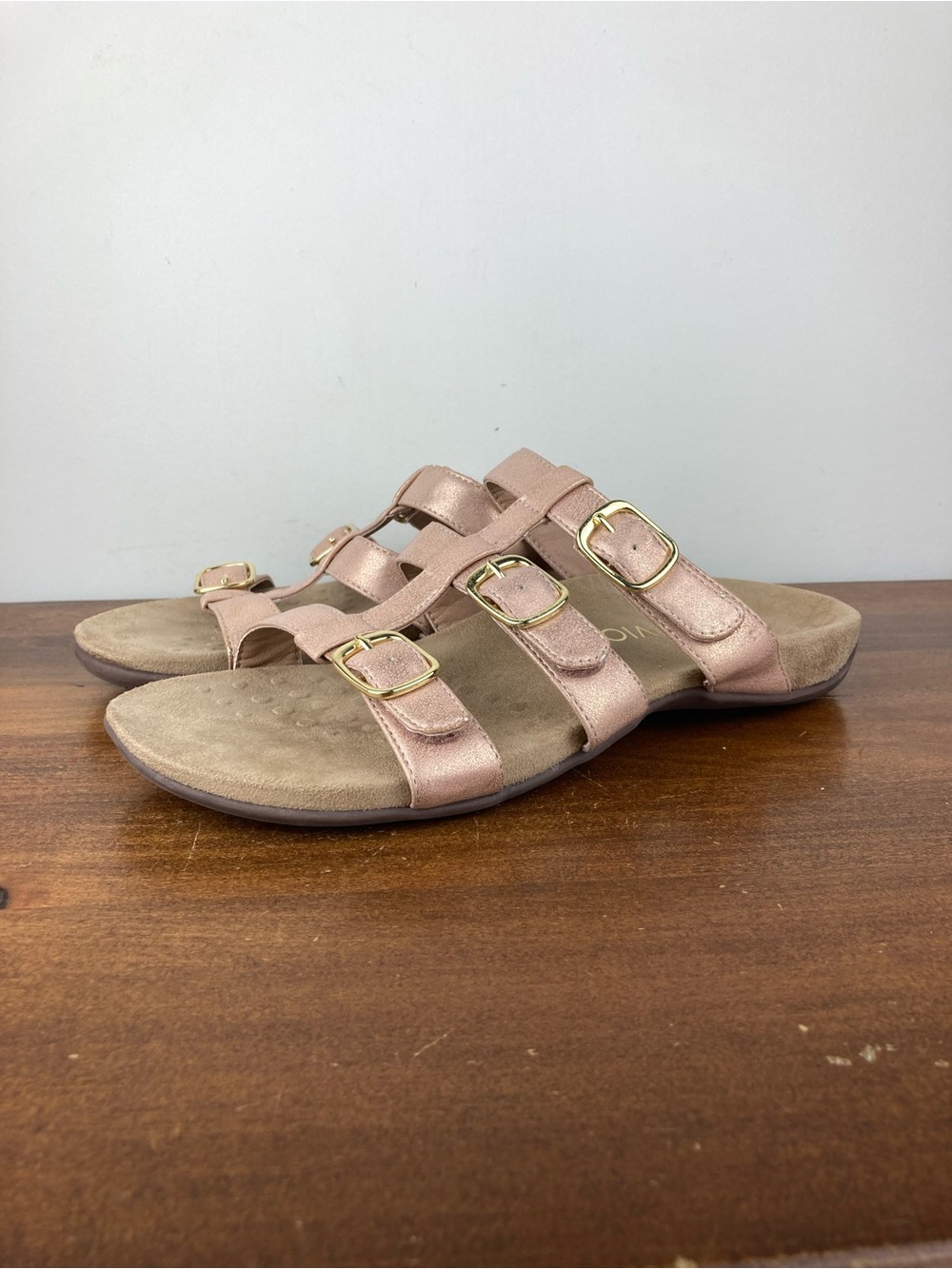 Vionic Misa Sandals Strappy Slides Rose Gold Leather TVW5135 Women’s Size 10.